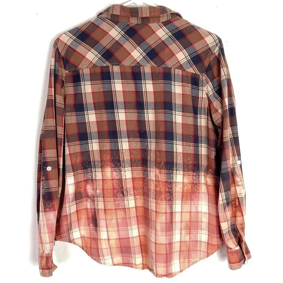 Handmade Ombré Custom Bleached Plaid Button Down Shirt Women Small Upcycled Boho - Picture 2 of 12
